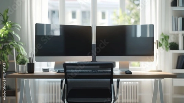 Fototapeta Modern Home Office Workstation with Two Monitors