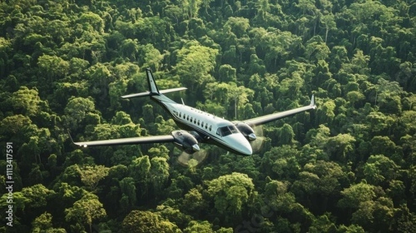 Fototapeta Aerial View of Single Engine Aircraft Flying Over Lush Green Jungle Canopy in Bright Daylight with Vibrant Natural Surroundings