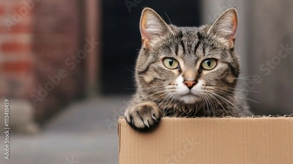 Fototapeta Abandoned lonely cat outdoor. A curious cat peeks out from a cardboard box, with a playful expression and a blurred background.
