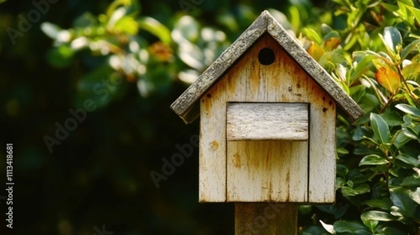 Fototapeta Rustic Wooden Birdhouse Surrounded by Lush Green Foliage in a Peaceful Garden Setting, Perfect for Nature Lovers and Bird Enthusiasts, Symbolizing Home and Comfort