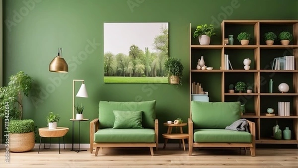 Fototapeta Interior of a wooden and green living room with bookcases and a poster