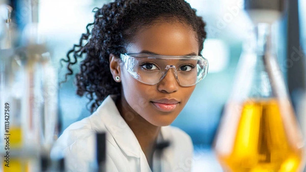 Fototapeta Confident Young Scientist in Laboratory with Protective Goggles