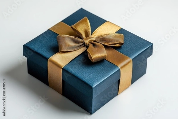 Fototapeta Dark Blue Gift Box with Gold Ribbon on White Background Perfect for Celebrations, Birthdays, Holidays and Special Occasions