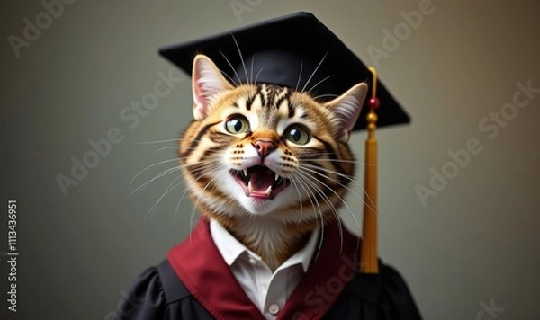Obraz A playful cat in graduation attire, symbolizing achievement and joy. Perfect for educational content, celebrations, or pet-related promotions.