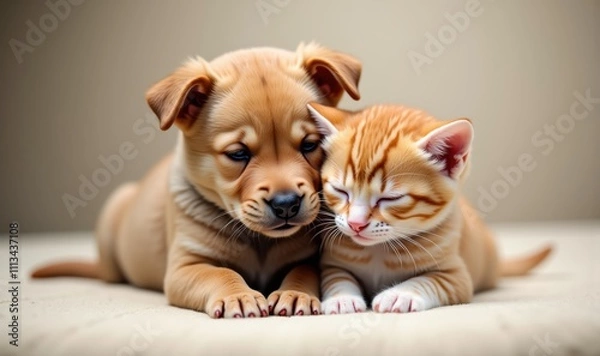 Fototapeta Adorable puppy and kitten cuddling together, radiating warmth and affection, perfect for pet care, veterinary services, or animal adoption campaigns.