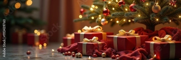 Fototapeta A beautifully decorated Christmas tree with wrapped gifts, creating a warm festive atmosphere perfect for holiday promotions and seasonal marketing.