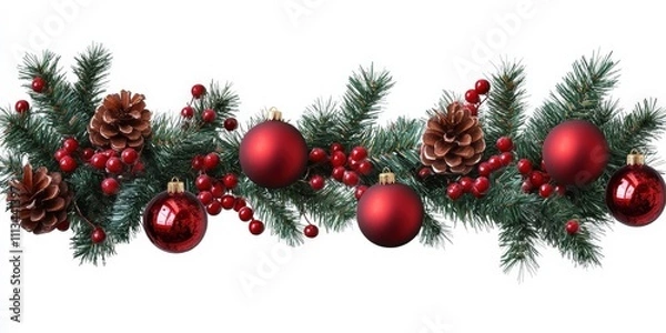 Obraz Festive Christmas Garland with Red Berries and Shiny Balls Decorated with Pine Cones and Greenery for Holiday Decoration