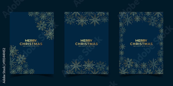 Fototapeta Merry christmas modern luxury for greeting card template design with golden snowflakes frame border art decoration on dark blue background