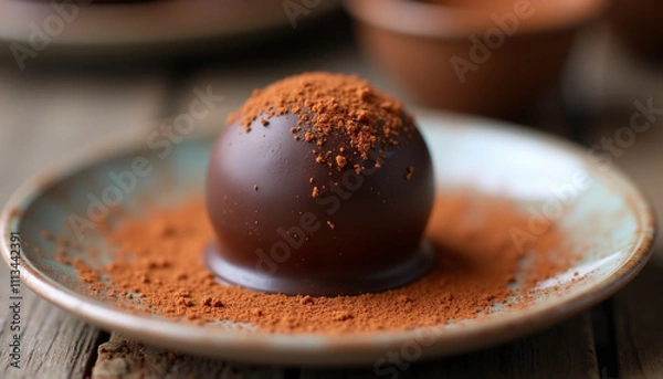 Fototapeta Gourmet chocolate truffle dusted with cocoa powder on rustic plate
