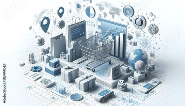Fototapeta 3D rendering of online shopping and data analysis elements on white background. Concept of technology, commerce, and analytics