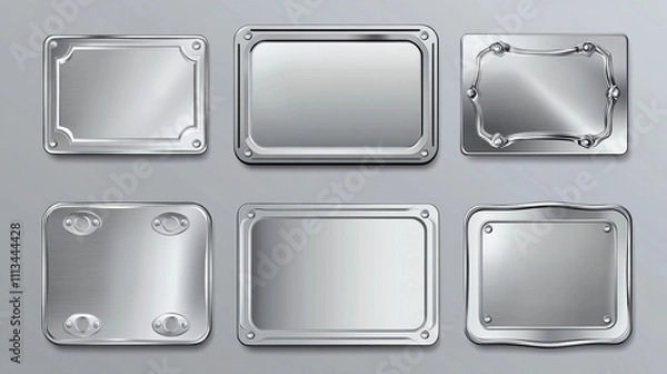 Fototapeta Steel metal tag plate with borders and rivets. Realistic vector set of blank aluminum nameplates or boards with space for text. Silver empty plaque or frame mockup with chrome texture surface.