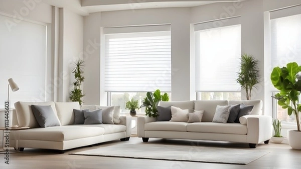 Fototapeta The living room has interior roller blinds installed, with white roller shades on the windows. Additionally, there is a sofa and a houseplant in the same room.