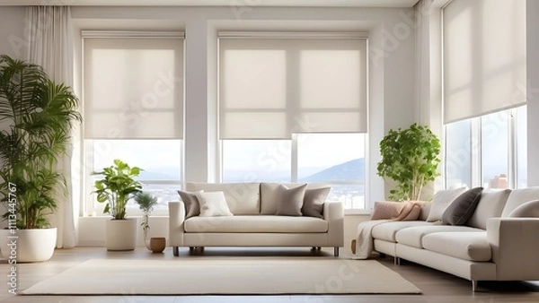 Fototapeta The living room has interior roller blinds installed, with white roller shades on the windows. Additionally, there is a sofa and a houseplant in the same room.