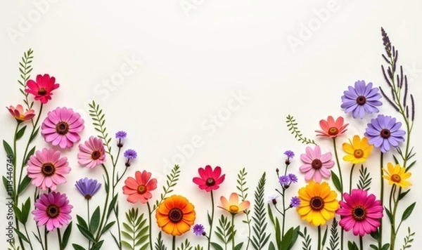 Fototapeta A vibrant arrangement of colorful flowers against a soft backdrop, ideal for floral designs, greeting cards, and natural-themed projects.