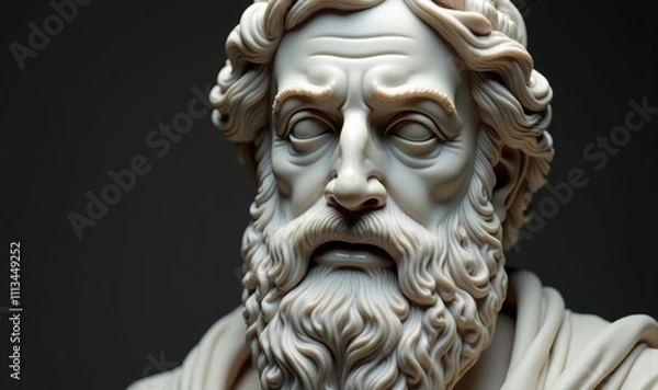 Fototapeta A detailed and expressive marble bust of a wise man, representing philosophy and knowledge, ideal for educational or cultural themes.