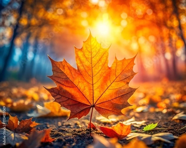 Fototapeta A single, vibrant maple leaf stands upright among a carpet of fallen foliage, illuminated by the soft glow of the setting sun in a tranquil forest