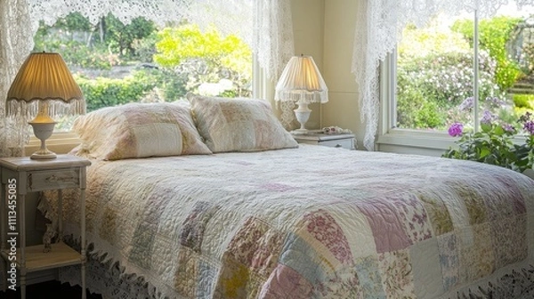 Fototapeta A serene guest room with a quilted bedspread covered in a patchwork of pastel florals. Two bedside tables hold vintage lamps with fringed shades