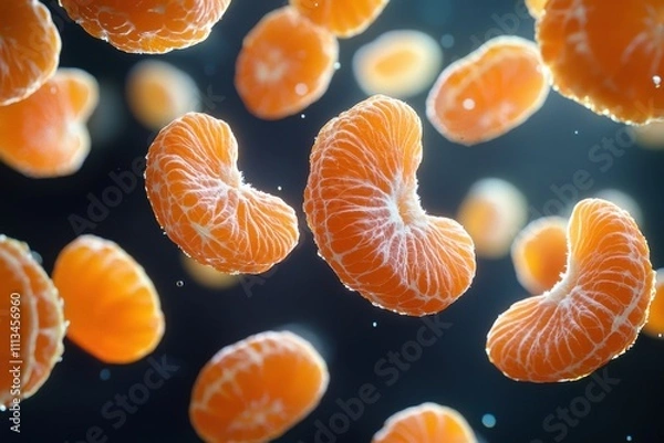 Fototapeta Vibrant Floating Orange Slices – Fresh Citrus Segments in Mid-Air, Perfect for Healthy Snacking, Citrus Photography, and Food Art
