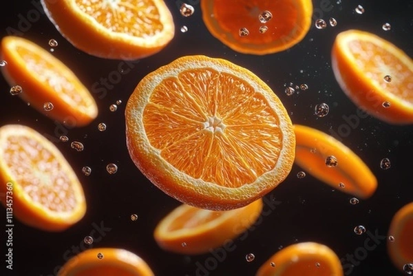 Fototapeta Vibrant Floating Orange Slices – Fresh Citrus Segments in Mid-Air, Perfect for Healthy Snacking, Citrus Photography, and Food Art
