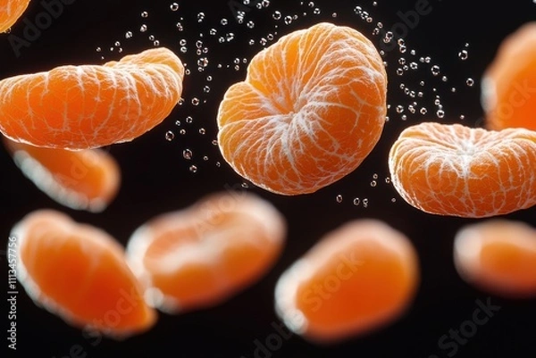 Fototapeta Vibrant Floating Orange Slices – Fresh Citrus Segments in Mid-Air, Perfect for Healthy Snacking, Citrus Photography, and Food Art