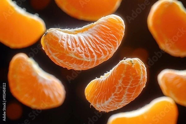 Fototapeta Vibrant Floating Orange Slices – Fresh Citrus Segments in Mid-Air, Perfect for Healthy Snacking, Citrus Photography, and Food Art