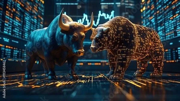 Fototapeta Bull vs bear fight in stock market financial showdown in a dynamic trading environment