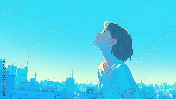 Obraz 都会で青空を見上げる女性