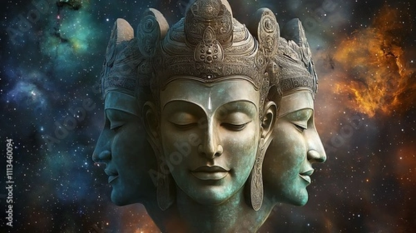 Fototapeta Three-faced serene Buddha statue against cosmic nebula.
