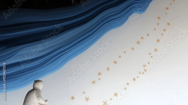 Fototapeta Magic light effect, blue air or wind flow with golden stars. Glow swirl trail, dream power motion with sparkles isolated on transparent background, Realistic 3d vector illustration