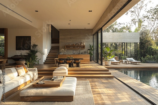 Fototapeta Modern Minimalist Home Interior Design With Pool View
