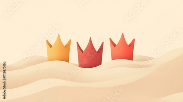 Obraz minimalistic design featuring three crowns on a desert sand backdrop