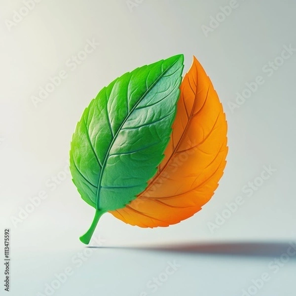 Fototapeta Dual Leaf: A vibrant green leaf transitions into a warm autumnal orange, symbolizing change, growth, and the cyclical nature of life.