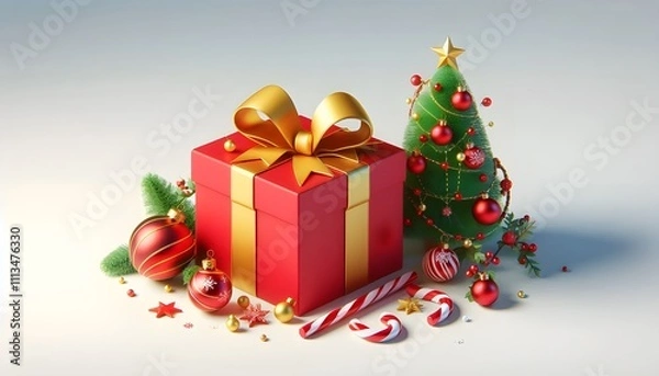 Fototapeta Red gift box with yellow ribbon, Christmas tree, candy canes, and ornaments on white background. Concept of festive holiday celebration. 3D Rendering