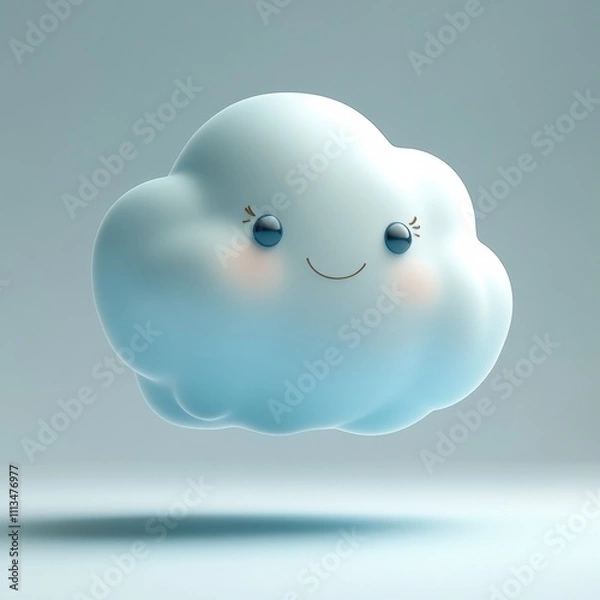 Fototapeta Happy Cloud Character: A cheerful, light blue 3D rendered cartoon cloud with a smiling face floats against a soft, light blue background. Perfect for children's products, branding.