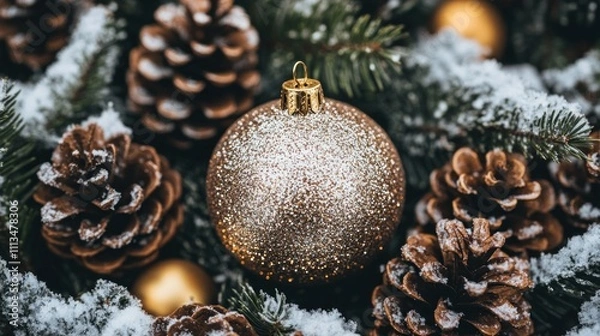 Obraz Glittering Ornament Nestled Among Snow Covered Pine Cones