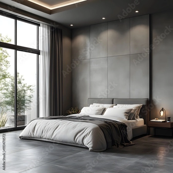 Fototapeta Modern Minimalist Bedroom with Cozy Bedding and Ambient Lighting. A Serene Retreat Featuring a Plush Bed, Soft Textiles, and Elegant Design Elements for Ultimate Comfort and Relaxation.