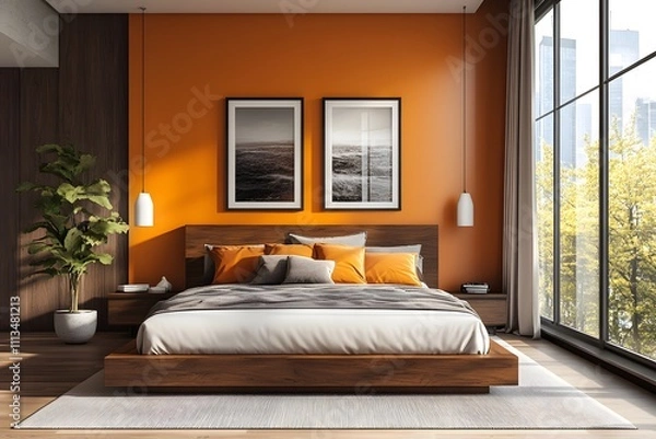 Fototapeta Modern Bedroom with Orange Accents and Scenic Wall Art. A stylish bedroom featuring a warm orange accent wall, a comfortable bed with white and orange pillows and large windows offering a nature view.