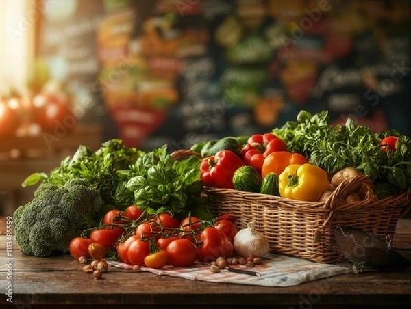 Obraz Vibrant variety of eco-friendly produce displayed on rustic table indoor market food photography warm and inviting environment close-up view for seo impact