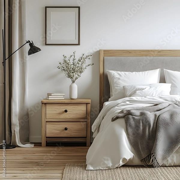 Fototapeta Cozy and Inviting Bedroom with Neutral Tones. A Beautifully Styled Bedroom Featuring a Comfortable Bed with Layered Pillows and a Chunky Knit Blanket, a Rustic Wooden Nightstand, and a Modern Black.