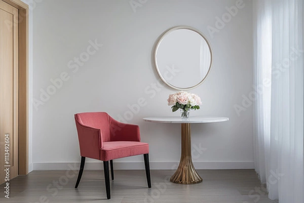 Fototapeta Elegant interior design with a pink chair and round table featuring flowers in a modern room