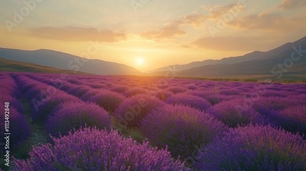 Fototapeta Lavender Field at Sunset with Mountain Silhouette
