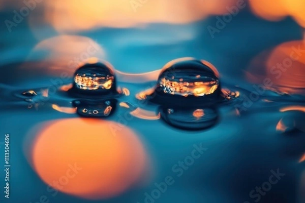 Fototapeta Two water bubbles on a dark blue surface reflecting colorful lights.