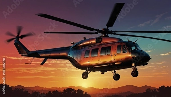 Fototapeta A helicopter is flying at sunset. It's dark-colored with large rotors.
