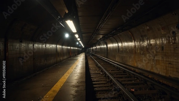 Fototapeta Dark subway tunnel, tracks, and platform. 