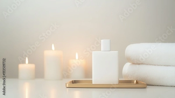 Fototapeta Elegant Arrangement of a Minimalist White Perfume Bottle Accompanied by Lit Candles and Soft Towels on a Serene Spa-Inspired Table Setting