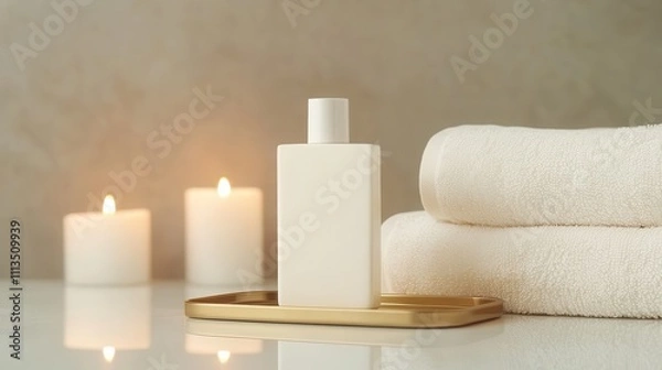 Fototapeta Elegant Minimalist Spa Setup Featuring a White Lotion Bottle on a Gold Tray With Soft Towels and Glowing Candles for Relaxation and Self-Care Moments
