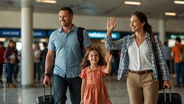 Fototapeta A family is walking away from a plane, waving. 