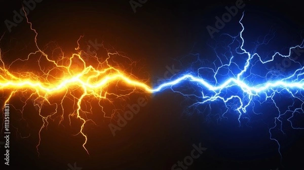 Fototapeta Dynamic Lightning Strikes in Orange and Blue Against Dark Background
