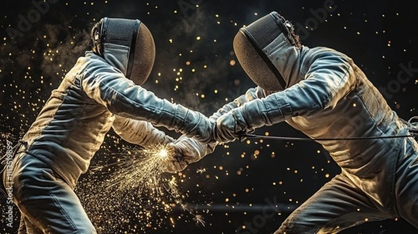 Fototapeta Two fencers engage in a dynamic duel, sparking energy and intensity in a dramatic setting.
