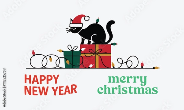 Fototapeta Christmas Holiday Vectors Starring a Charming Black Cat, easily editable.